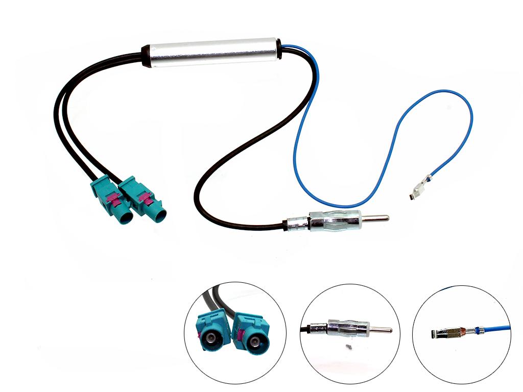 Antenna Adapter with 12V Phantom Power | VAG / BMW / Mercedes / PSA | 2x Single Fakra to DIN
